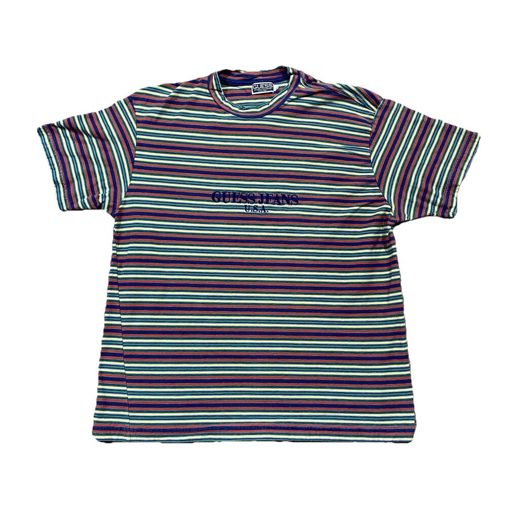Guess USA Striped T Shirt Men’s L Vintage 90s Embroidered Spellout Made in USA